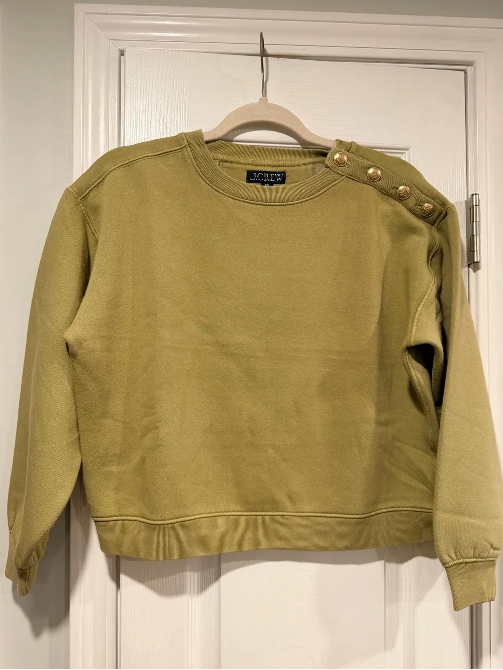 NWOT J.Crew Size XXS Green Gold Button Shoulder Sweatshirt Crewneck Pullover Top